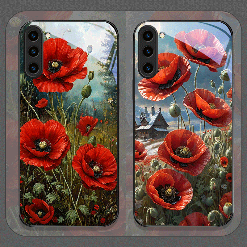Phone Cases Samsung S25 Ultra - レトロなポピーの花柄、ホットレッドプリントの強化ガラス製スマホケース、Samsung Galaxy S26 S25 Ultra S24